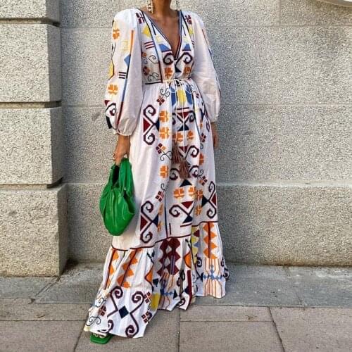 Autumn Women Elegant Vintage Print Long Dress Fashion V Neck Lace-Up Tassel Party Maxi Dresses Lady Spring Lantern Sleeve Dress