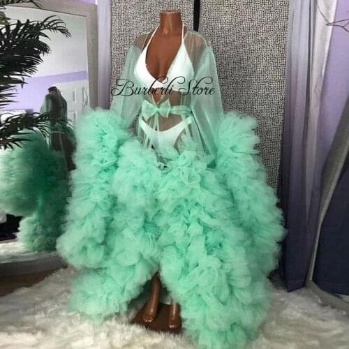 Modest Mint Lush Ruffles Tulle Maternity Robe Puff Sleeves Mesh Long Women Dresses Real Image Photography Cute Bow Party Gowns