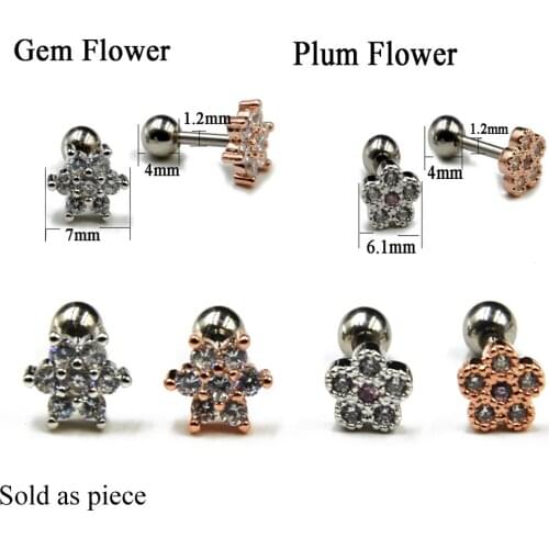 1pc Surgical Steel Round Zircon CZ Gem Plum Flower Ear Tragus Cartilage Helix Earring Stud Piercing Body Jewelry 16g