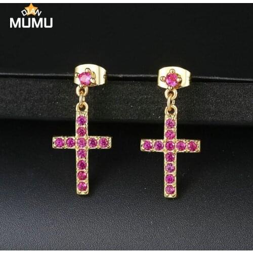 Cubic Zirconia Cross Drop Earrings Green Pink Rose Gold Silver Colour Fashion Jewelry For Women Punk Style Wedding Party Gift