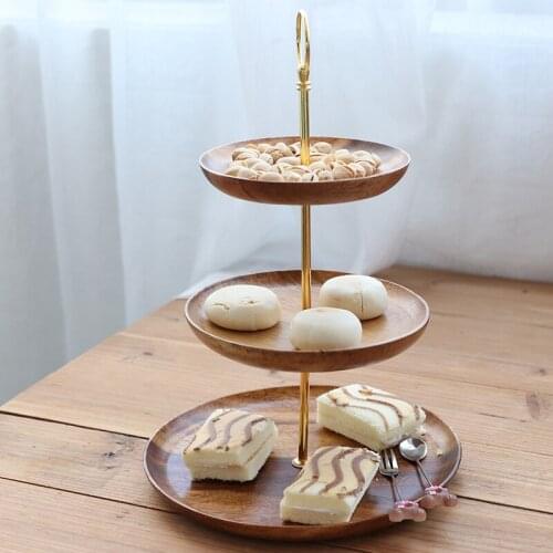 Modern fruit plate three-layer platter with wooden frame rotatable cake snack plate exquisite table decoration