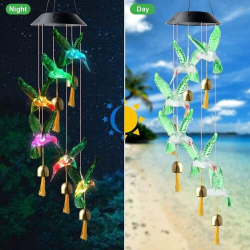 LED Colorful Solar Power Wind Chime Crystal Hummingbird Butterfly Waterproof Outdoor Windchime Solar Light for Garden Decor