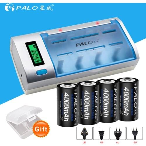 PALO LCD display battery charger for AA/AAA/SC/C/D/9V battery + 4 pcs nimh 4000 mah rechargeable C battery