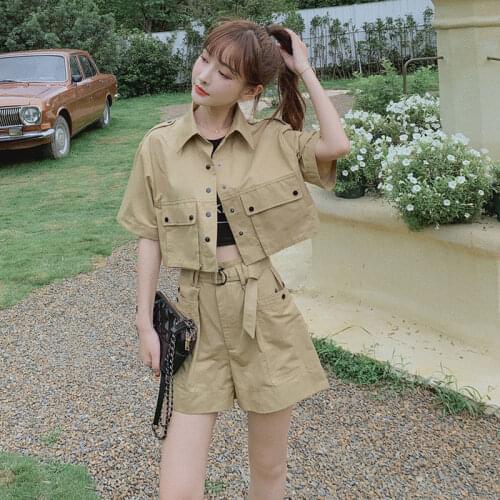 2021 Summer New Korean Style Overalls Shorts Suit Women Fashion Street Style Short Shirts And Short Pants Two-piece Set aq639