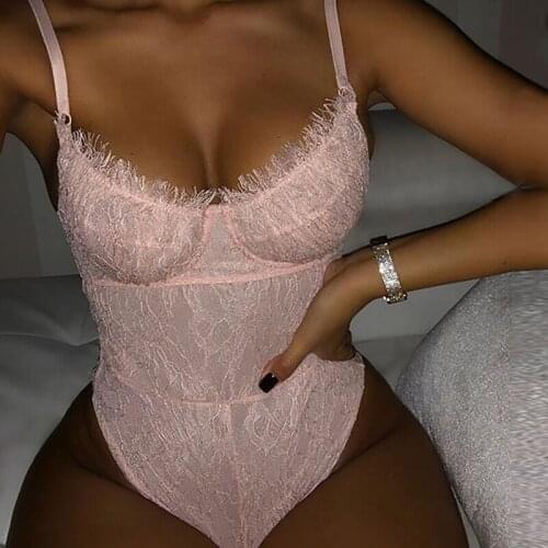 Party Lace Bodysuit for Women Floral Embroidery One Piece Backless Nightwear Skinny Romper Mujer Mesh Sheer Overalls 2019 Femlae