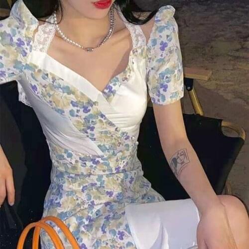 Bella Elegant Floral Dress Patchwork Designer V-Neck French Casual Midi Dress Female High Waist Irregular Party Fishtail Dress