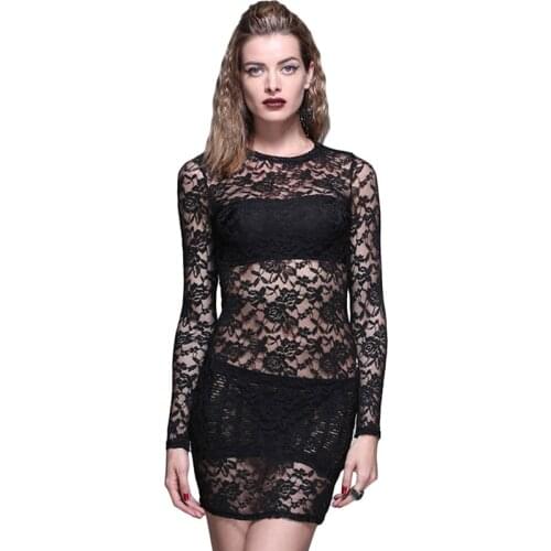 Gothic Steampunk Women Black Transparent Dress Spring Summer Party Club Lace Rose Printed Dresses For Women Long Sleeves T Shirt