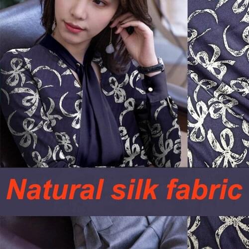 1 Meter Ink Blue Bow Ribbon Printing, Stretch Silk Satin Fabric, Mulberry Silk Pajamas, Silk Fabric