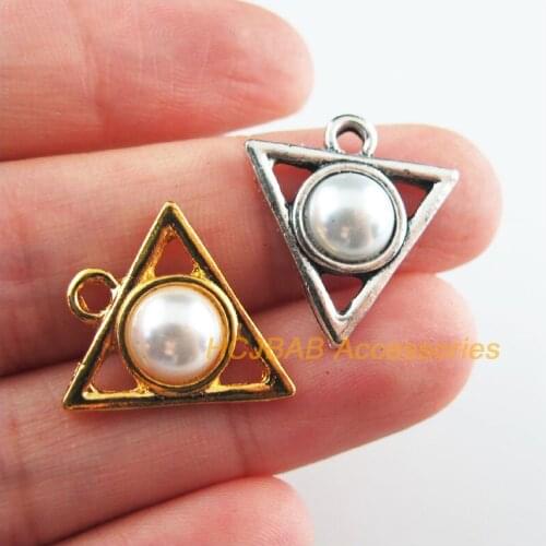 15Pcs Retro Gold Tibetan Silver Tone White Acrylic Triangle Charms Pendants 19.5x21mm