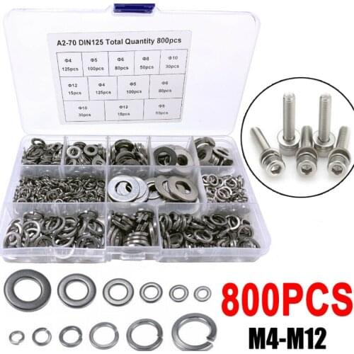 800Pcs M4-M12 Flat Spring Washers Pad Stainless Steel Metal Lock Ring Gaskets Plain Washers Metal Washer Assortment Kit
