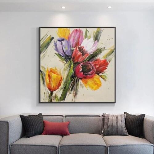 Abstract Colorful Tulip Flowers Oil Painting On Canvas Hand Painted Modern 3D Flowers Wall Art Painting For Home Decoration