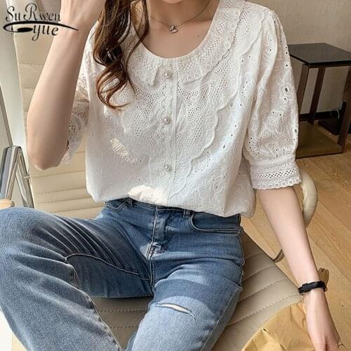 2021 Summer Womens Blouse Korean Fashion Vintage Lace Shirt Solid Short Sleeve Fashion Ruffled Top and Blouse Camisa 14193