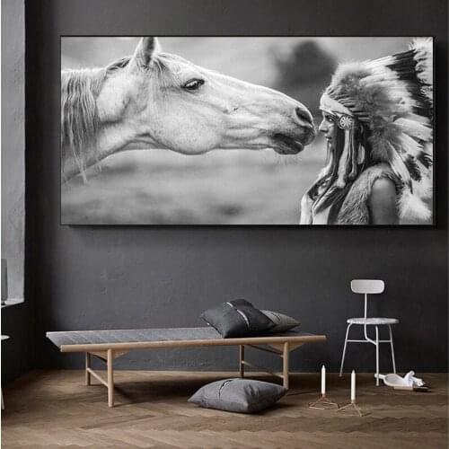 Large Poster Indian Woman and White Horse Canvas Paintings Posters and Print Wall Art Picture for Living Room Wall Decor Cuadros