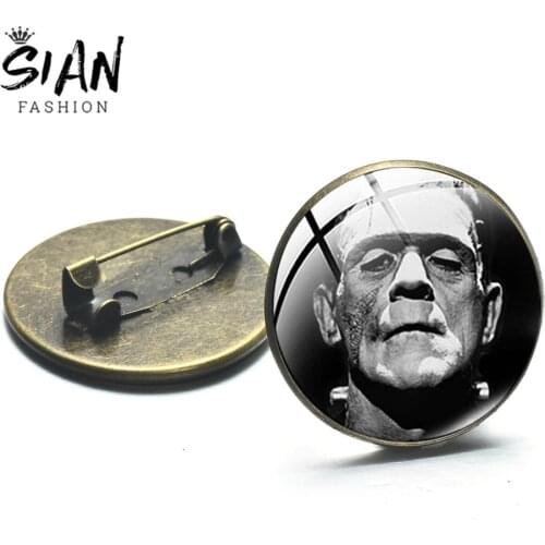 SIAN Frankenstein Character Bronze Plated Brooches Frankenstein and His Bride Series Glass Crystal Metal Brooch Backpack Badges