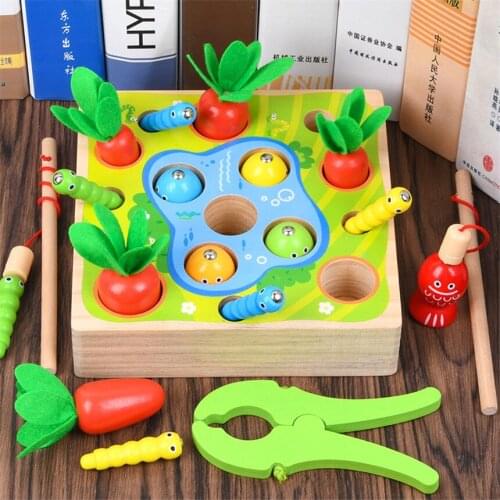 Children Wooden Magnetic Fishing Toy Catch Insects Pull Carrots Parent-child Interactive Wood Educational Puzzle Fish Game Gifts