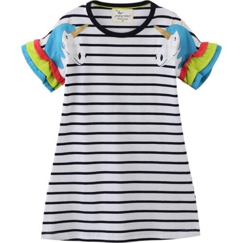 Jumping Meters New Arrival Girls Party Dresses Unicorn Embroidered Stripe Cotton Baby Summer Frocks Kids Clothing Dress