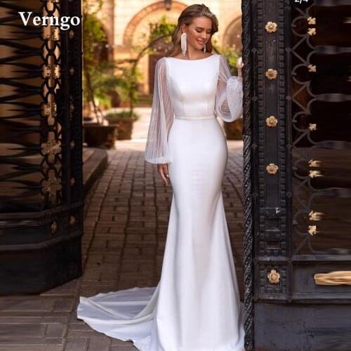 Verngo Elegant Mermaid Puff Long Sleeves Wedding Dress Scoop Neck Sexy Backless Bridal Dresses Sweep Train Simple Formal Dress