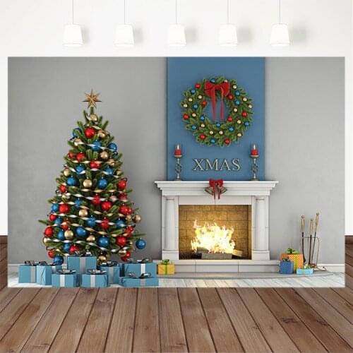 Photography Backdrop Christmas Tree Fireplace Gift Garland Bells Candle Family Gathering Photography Background For Photo Studio
