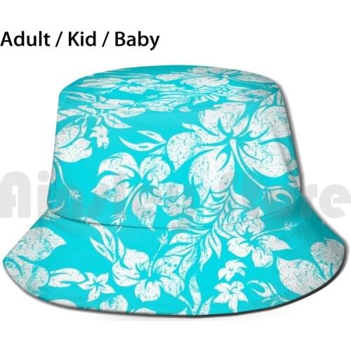 Hibiscus Pareau Hawaiian Vintage Aloha Shirt Print - Turquoise Sun Hat Foldable UV Protection Hibiscus Floral