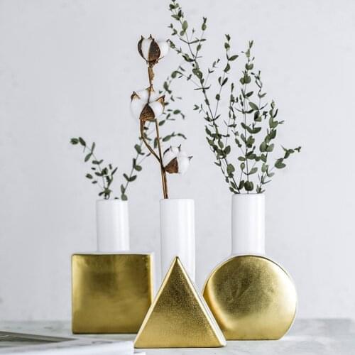 Ceramic Decorative Geometric Vase White Gold Square Flower Arrangement Quality Round Small Mouth Flower Pot Wedding Party Decor