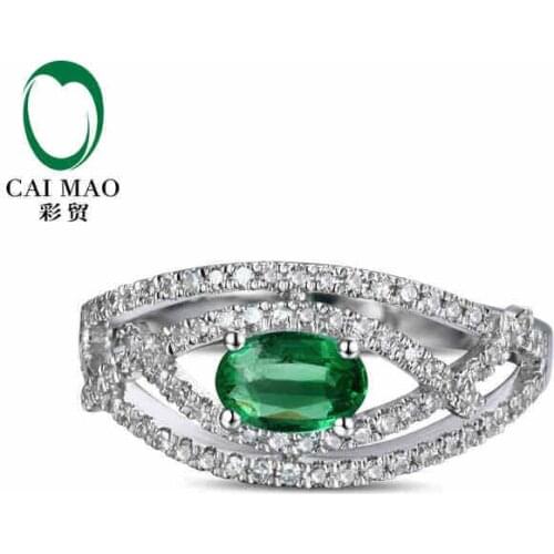 CaiMao 0.42 ct Natural Emerald 18KT/750 White Gold 0.33 ct Round Cut Diamond Engagement Ring Jewelry Gemstone colombian