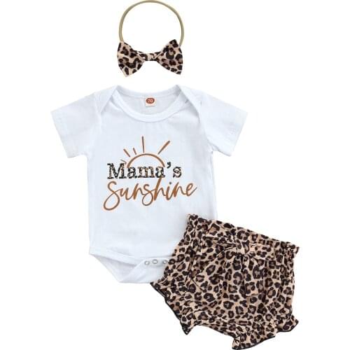 3pcs Newborn Baby Girl Outfits Clothes Cute Lovely Short Sleeve Letter Romper Top Leopard Shorts Pants Headband Daily Wear