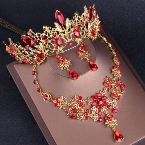 Baroque Vintage Gold Red Bridal Jewelry Sets with Tiaras Choker Crystal Rhinestone Necklace Earrings Set Wedding Crown