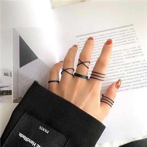 6PCS Minimalist Metal Hollow Round Cross Rings Set For Women Korea New Fashion Black Matte Geometric Joint Ring Female Jewelry