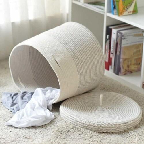 Hot Cotton Rope Woven Laundry Basket with Lid Kids Plush Toys Storage Organizer Dirty Clothes Basket Sundries Storage Barrel