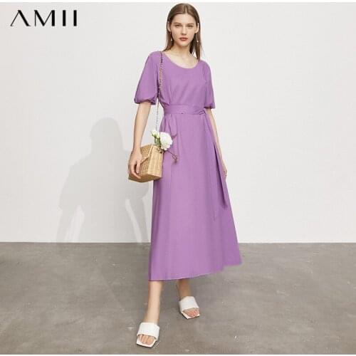 Amii Minimalism Summer Womens Dresses Office Lady Oneck Puff Sleeve Maxi Dresses For Women Casual Bandage Long Dress 12170135