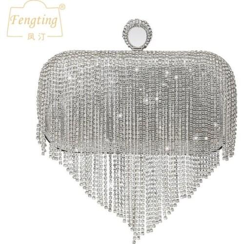 Fashion Diamond Tassel Evening Bags Womens Handbags wedding Party mini Clutch purse Rhinestone Female Dinner silver Bag FT336