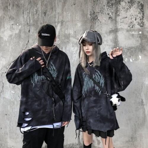 Mens Hip-hop Black Hoodies Sweatshirts Streetwear Tie-dye Holes Fashion Man Pullover Hooded Male Tops