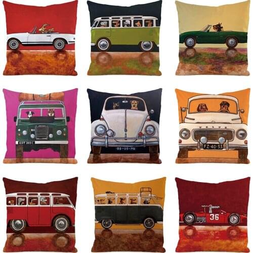 Retro Movie Sense Pillowcase Cartoon Animal Driving Car Printed Cushion Cover Nostalgic Matching Pillow Cover for Living Room