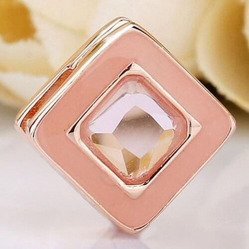 Original Rose Reflexions Sparkling Pink Square Clip Stopper Beads Fit 925 Sterling Silver Charm Bracelet Diy Jewelry