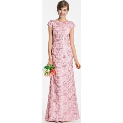 Tanpell bateau bridesmaid dress pink cap sleeves floor length gown women wedding party formal sheath long bridesmaid dresses