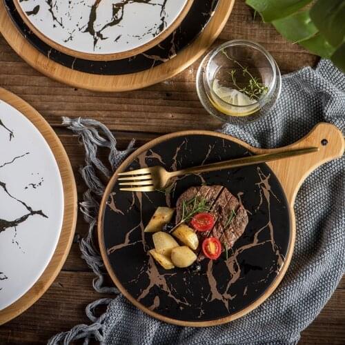 Restaurant Nordic Marble Light Luxury 10-Inch Steak Plate Creative Western Pizza Plate Matte Gold Pattern Ceramic Plate