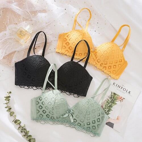 Roseheart Women Fashion Green Yellow Lace One-Piece Bra Sets Bow Bralette Cotton Panties Push Up Underwear Wireless Lingerie