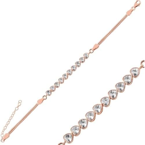 Silver 925 Sterling Heart Zircon Stone Cube Chain Watercourse Bracelet