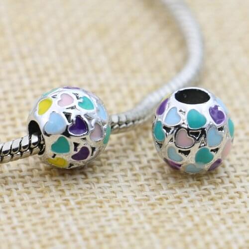 2PCS Silver Enamel Heart Round Beads Fit Pandora Jewelry Making Charm Bracelet DIY Accessories Handmade Craft