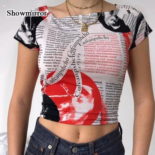 Showmirror Harajuku Letter Printed T-shirt Women Y2k Funny Cotton Tee Shirt 2021 Crop Top t shirt Female Clothing Summer