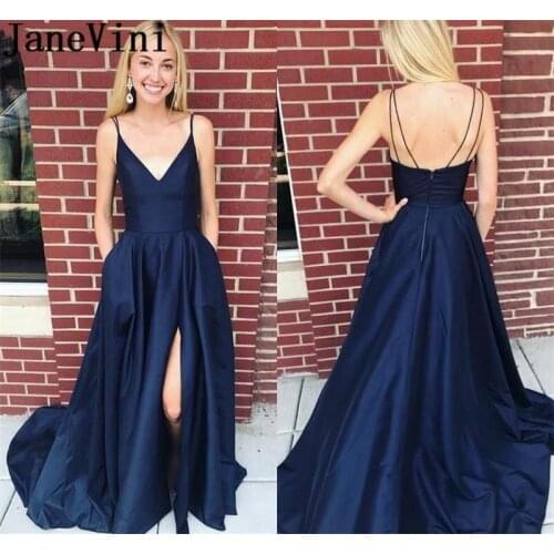 JaneVini Sexy Navy Blue Prom Dresses 2019 Pockets Long Side Slit Evening Party Dress Robe De Bal Fille Backless Graduation Dress
