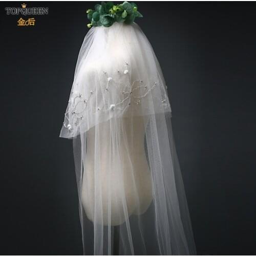 TOPQUEEN V37 Best Selling Double Layer Wedding Veil White Ivory Beaded String Flowers Bride Tulle with Hair Comb for Wedding