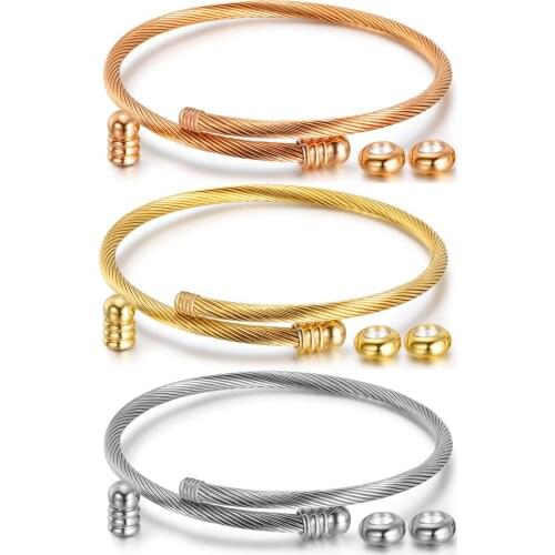 Stainless Steel Twisted Wire Women Bangle Removable Charms Beads Simple Bracelet Jewelry Cuff Bangle Jewelry Accessories Ladies