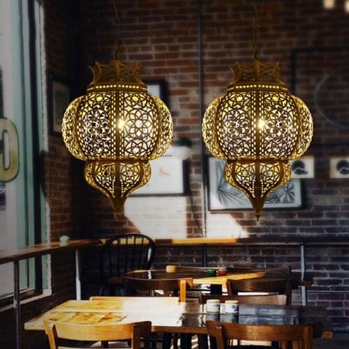 Southeast Asia Brass Lantern Chandelier Hollow out Antique Color Bar Table Restaurant Art Deco Lamp E27