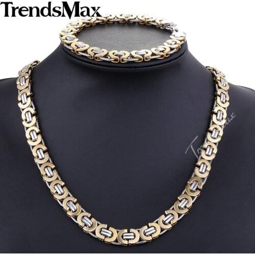 Trendsmax JEWELRY SET 11mm Flat Byzantine Mens Boys Chain Necklace Bracelet Set Gold Color Tone Stainless Steel Chain Gift KS15