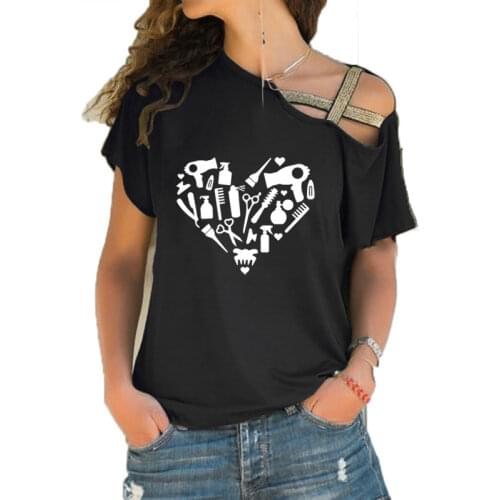 Funny Barber Weapon Scissors Heartbeat T Shirt Women Tee Shirt Hairdresser T-shirt Irregular Skew Cross Bandage tee tops