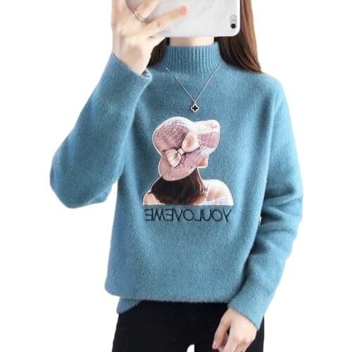 Women Imitate Mink Fleece Sweater Pullover New Winter Half Turtleneck Plus Velvet Warm Knitted Sweater Female Jumper Casual Tops