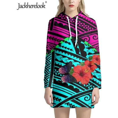 Jackherelook Polynesian Tribal Hawaii Hibiscus Butterfly Print Womens Oversize Hoodie Dresses Drawstring Pocket Long Sweatshirt