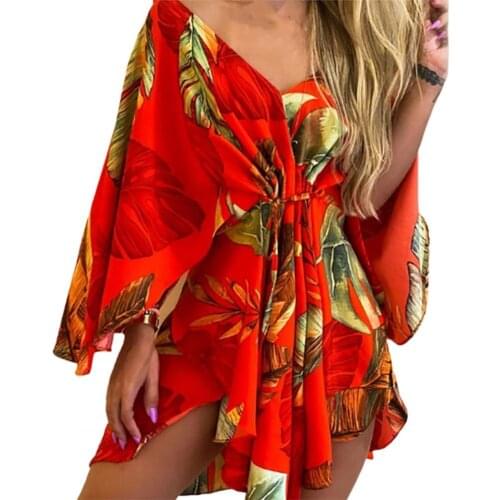New Summer Women Mini Dress Sexy Tie Front V Neck Irregular Hem Plus Size Tropical Print y2k Elegant Dresses Beachwear