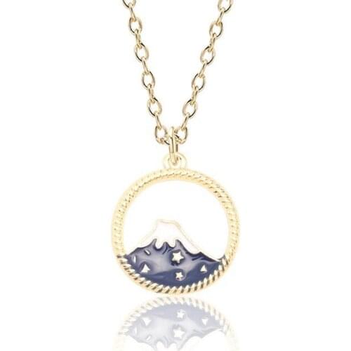 Cartoon Snow Mountain Necklace For Women Gold Enamel Colorful round frame Japan Mount Fuji Pendants Necklaces Jewelry Collares